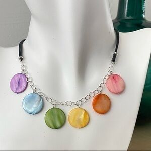 $49 SALE Handmade Pastel Rainbow Dangling Shell Cord Statement Necklace LGBT